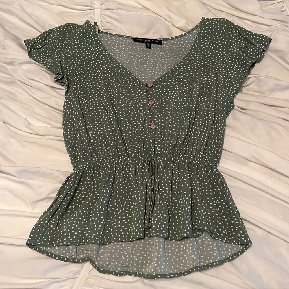 Green polka dot button up top